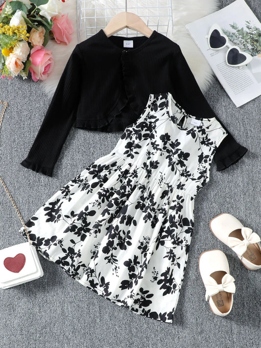 2 - 7Years Kid Girl 2PCS Clothing Set Black Knitted Overcoat+Floral Print Sleeveless Dress Fashion Personal Style Daily Party Wear - PratSN
