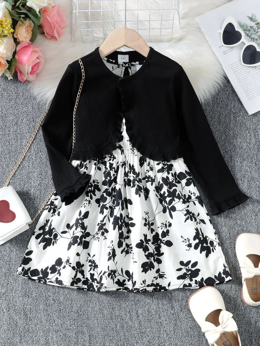 2 - 7Years Kid Girl 2PCS Clothing Set Black Knitted Overcoat+Floral Print Sleeveless Dress Fashion Personal Style Daily Party Wear - PratSN