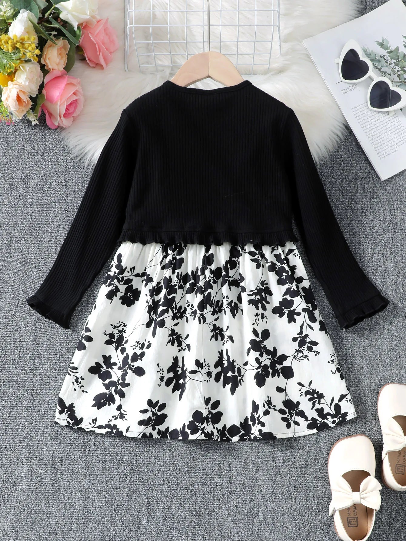 2 - 7Years Kid Girl 2PCS Clothing Set Black Knitted Overcoat+Floral Print Sleeveless Dress Fashion Personal Style Daily Party Wear - PratSN