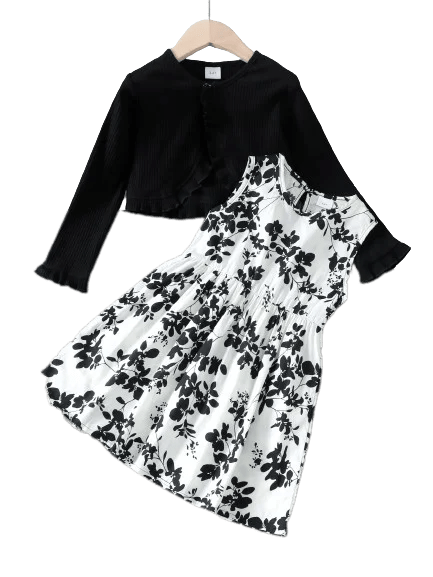 2 - 7Years Kid Girl 2PCS Clothing Set Black Knitted Overcoat+Floral Print Sleeveless Dress Fashion Personal Style Daily Party Wear - PratSN