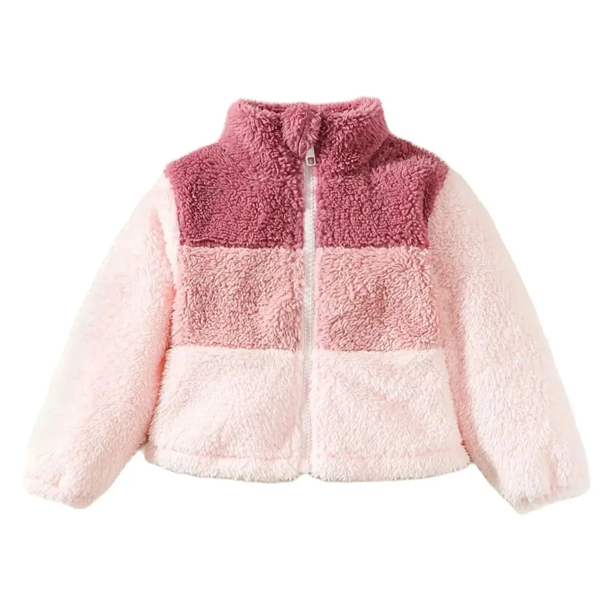 2 - 8 Years Kids Girl Plush Overcoat Long Sleeves Lapel Zippered Coat for Winter Outdoor Wear Fashion Color Blocking Warm Top - PratSN