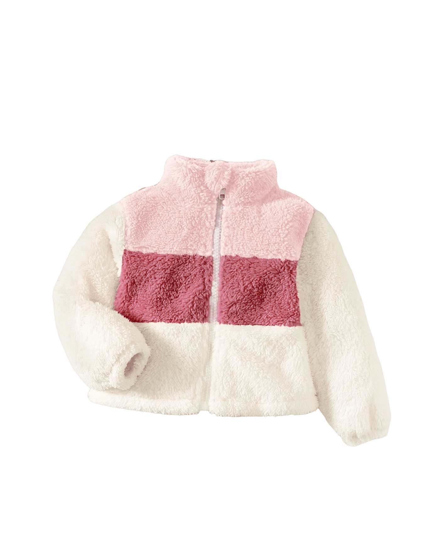 2 - 8 Years Kids Girl Plush Overcoat Long Sleeves Lapel Zippered Coat for Winter Outdoor Wear Fashion Color Blocking Warm Top - PratSN