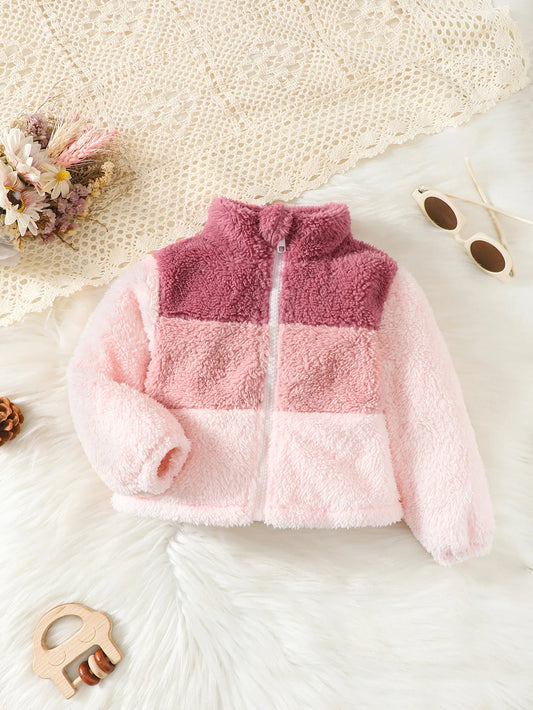 2 - 8 Years Kids Girl Plush Overcoat Long Sleeves Lapel Zippered Coat for Winter Outdoor Wear Fashion Color Blocking Warm Top - PratSN