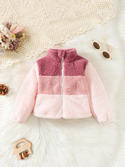 2 - 8 Years Kids Girl Plush Overcoat Long Sleeves Lapel Zippered Coat for Winter Outdoor Wear Fashion Color Blocking Warm Top - PratSN