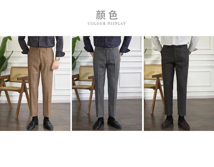 2023 Fall Men's Thick Tweed Solid Color Suit Pant Feet Casual British High Waist Pants Office - trousers Men Dress Pant Trousers - PratSN