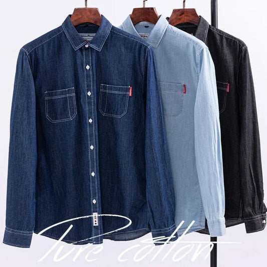 2023 Spring and Autumn Enzyme Washed Men's Long Sleeve Denim Shirt Pure Cotton Casual Fashion Outerwear Versatile Men's Clothing - PratSN