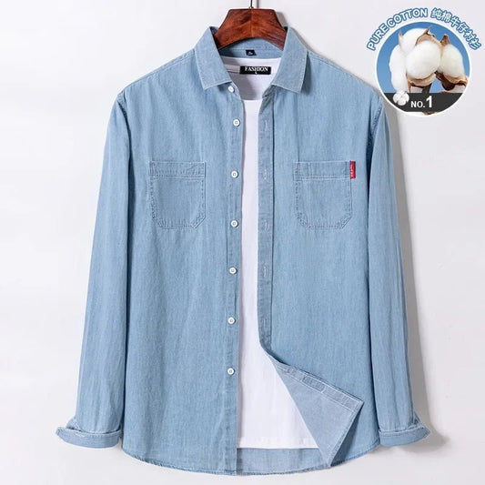 2023 Spring and Autumn Enzyme Washed Men's Long Sleeve Denim Shirt Pure Cotton Casual Fashion Outerwear Versatile Men's Clothing - PratSN