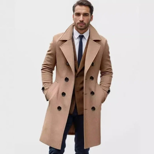 2024 Autumn and Winter High - quality Thick Long Double Breasted Men's Woolen Coat Slim Fit Woolen Coat - PratSN