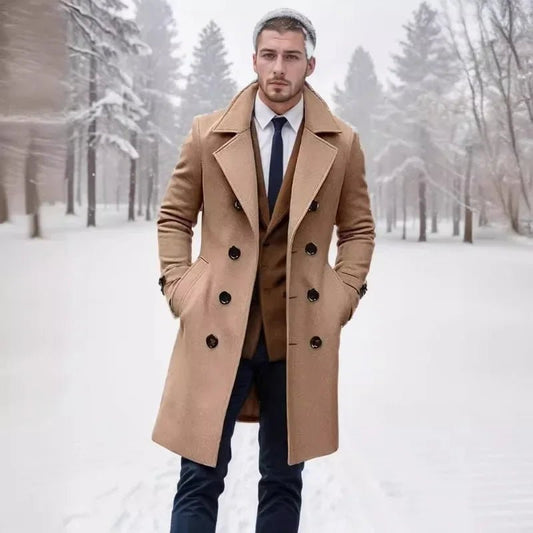 2024 Autumn and Winter High - quality Thick Long Double Breasted Men's Woolen Coat Slim Fit Woolen Coat - PratSN