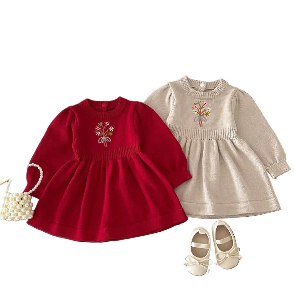 2024 Autumn New Baby Girls Clothes Embroidery Dress for Girls Knit A Line Dress Infant Girls Clothing - PratSN