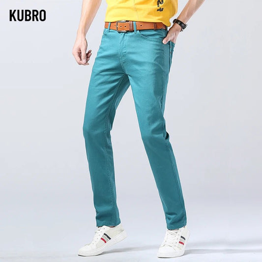 2024 Autumn New Men's Bright Stretch Fit Jeans Trendy Denim Straight - leg Trousers Male Red Lake Blue Yellow Trousers - PratSN