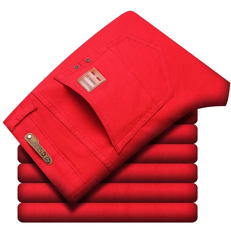 2024 Autumn New Men's Bright Stretch Fit Jeans Trendy Denim Straight - leg Trousers Male Red Lake Blue Yellow Trousers - PratSN