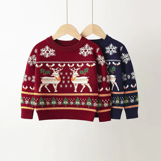 2024 Christmas Sweatshirts Winter Boy Girl Print Knit Sweater Pullover Cotton Clothes Autumn Kids Slouchy Soft Clothing Knitwear - PratSN