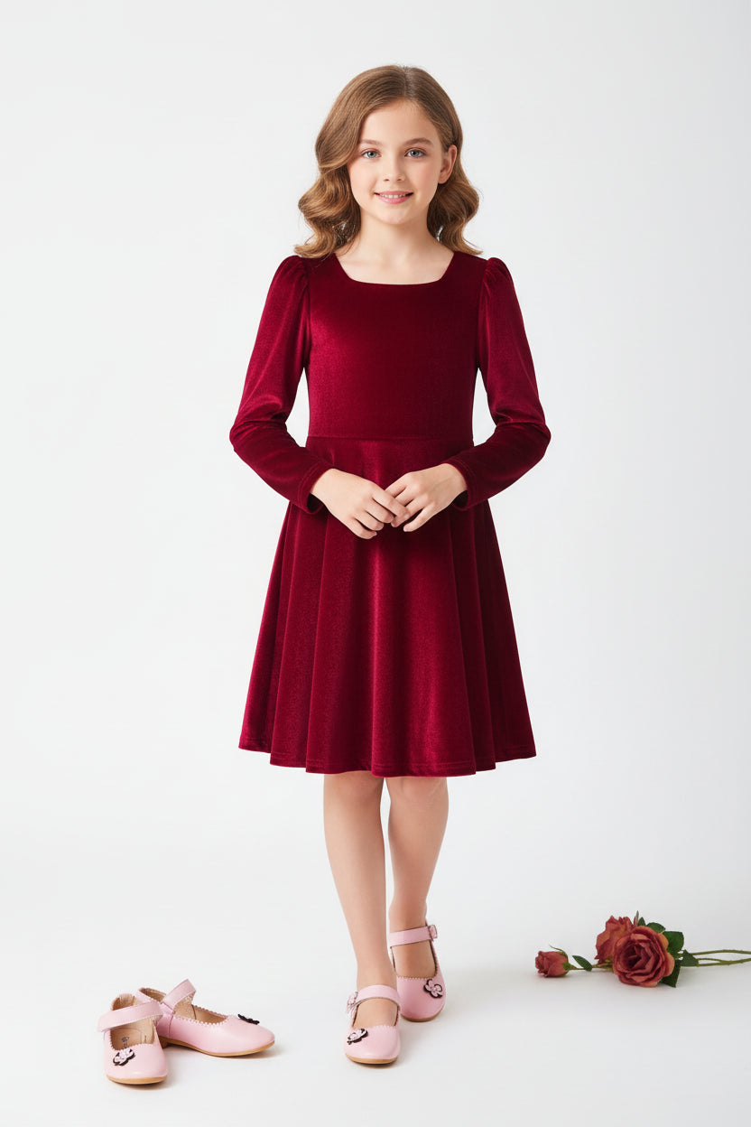 2024 Elegant New Girl Flower Square Neck Girl Dress for Wedding Autumn Winter Long Sleeve Princess Birthday Party Vestidos 3 - 8Y - PratSN