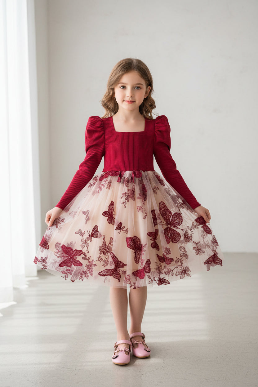 2024 Elegant New Girl Flower Square Neck Girl Dress for Wedding Autumn Winter Long Sleeve Princess Birthday Party Vestidos 3 - 8Y - PratSN