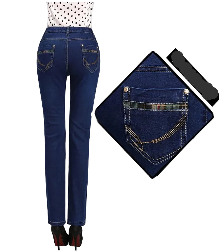 2024 Spring Autumn High waist Jeans Women With pockets Slim Cotton Stretch Mother Denim Trousers Casual Female Straight pants - PratSN