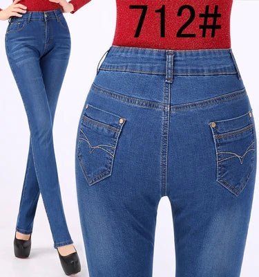 2024 Spring Autumn High waist Jeans Women With pockets Slim Cotton Stretch Mother Denim Trousers Casual Female Straight pants - PratSN
