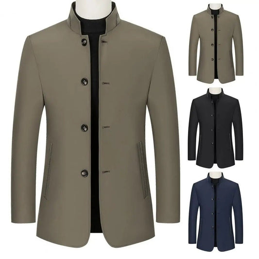 2024 Spring Autumn New Long Cotton Coat New Wool Blend Pure Color Casual Business Fashion Men's Clothing Slim Windbreaker Jacket - PratSN