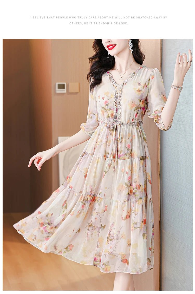 2024 Summer New Luxury Silk Floral Print Casual Midi Dress Women's Vintage Elegant Chic Dress Holiday Boho Beach Evening Dresses - PratSN
