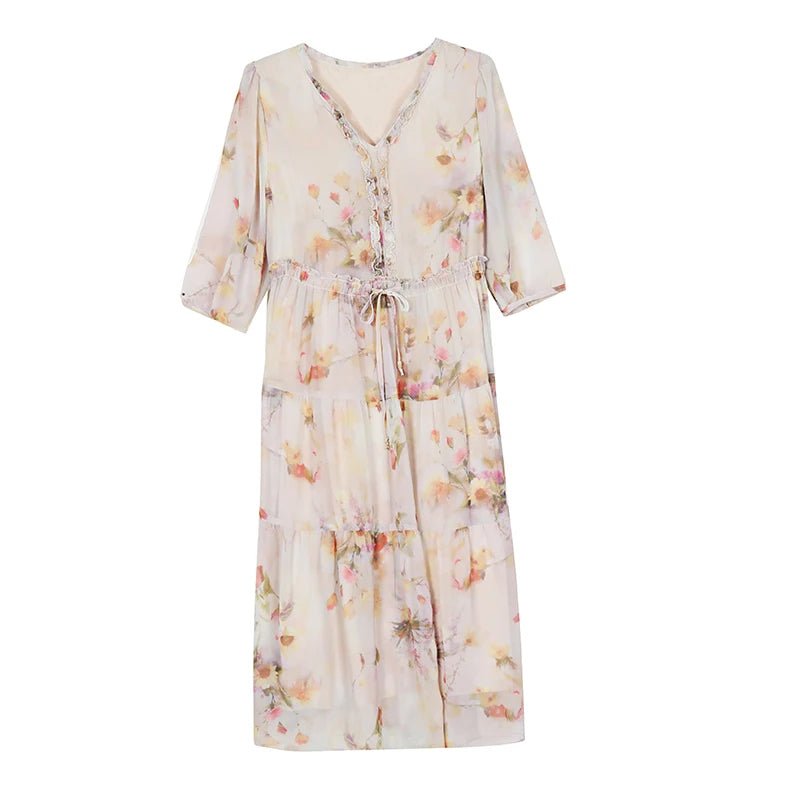 2024 Summer New Luxury Silk Floral Print Casual Midi Dress Women's Vintage Elegant Chic Dress Holiday Boho Beach Evening Dresses - PratSN