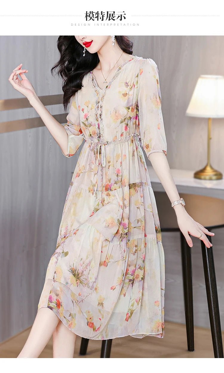 2024 Summer New Luxury Silk Floral Print Casual Midi Dress Women's Vintage Elegant Chic Dress Holiday Boho Beach Evening Dresses - PratSN