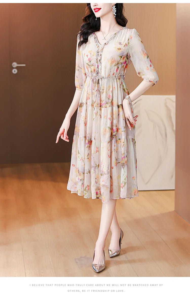 2024 Summer New Luxury Silk Floral Print Casual Midi Dress Women's Vintage Elegant Chic Dress Holiday Boho Beach Evening Dresses - PratSN