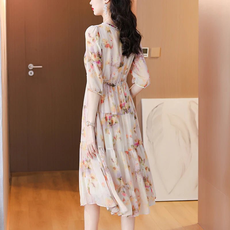 2024 Summer New Luxury Silk Floral Print Casual Midi Dress Women's Vintage Elegant Chic Dress Holiday Boho Beach Evening Dresses - PratSN