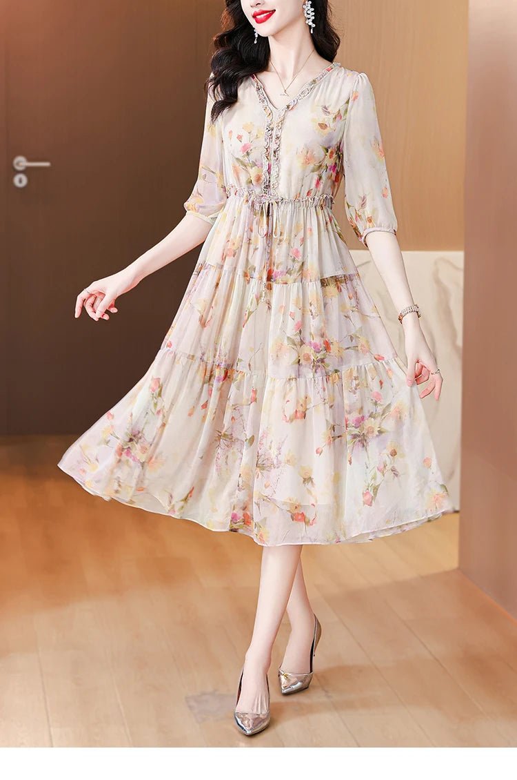 2024 Summer New Luxury Silk Floral Print Casual Midi Dress Women's Vintage Elegant Chic Dress Holiday Boho Beach Evening Dresses - PratSN