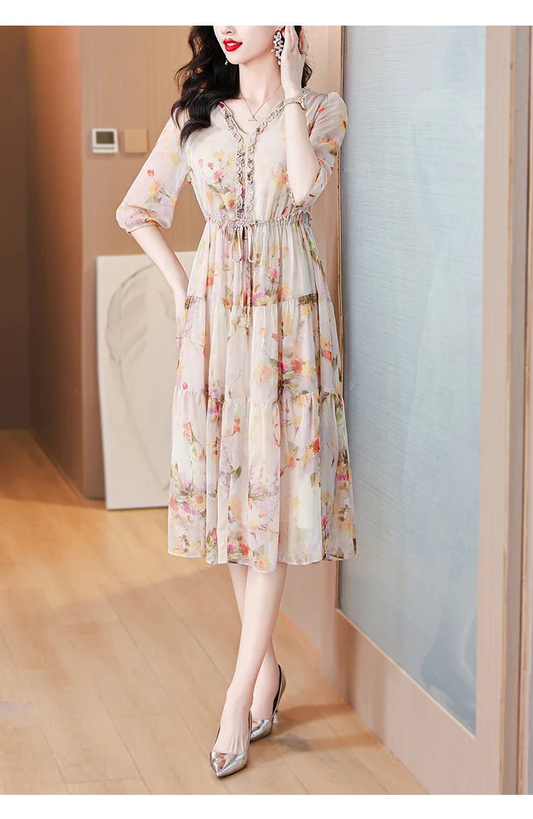 2024 Summer New Luxury Silk Floral Print Casual Midi Dress Women's Vintage Elegant Chic Dress Holiday Boho Beach Evening Dresses - PratSN