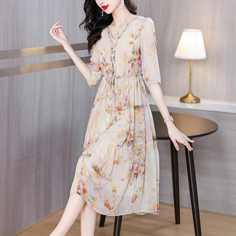 2024 Summer New Luxury Silk Floral Print Casual Midi Dress Women's Vintage Elegant Chic Dress Holiday Boho Beach Evening Dresses - PratSN