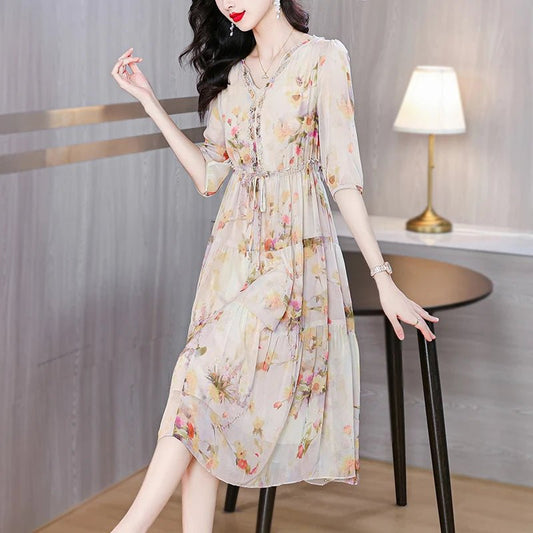 2024 Summer New Luxury Silk Floral Print Casual Midi Dress Women's Vintage Elegant Chic Dress Holiday Boho Beach Evening Dresses - PratSN