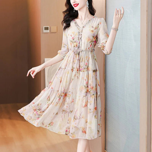 2024 Summer New Luxury Silk Floral Print Casual Midi Dress Women's Vintage Elegant Chic Dress Holiday Boho Beach Evening Dresses - PratSN