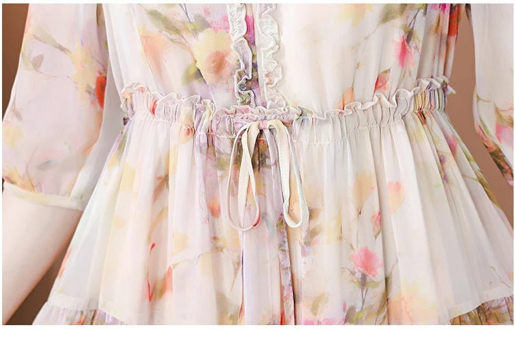 2024 Summer New Luxury Silk Floral Print Casual Midi Dress Women's Vintage Elegant Chic Dress Holiday Boho Beach Evening Dresses - PratSN