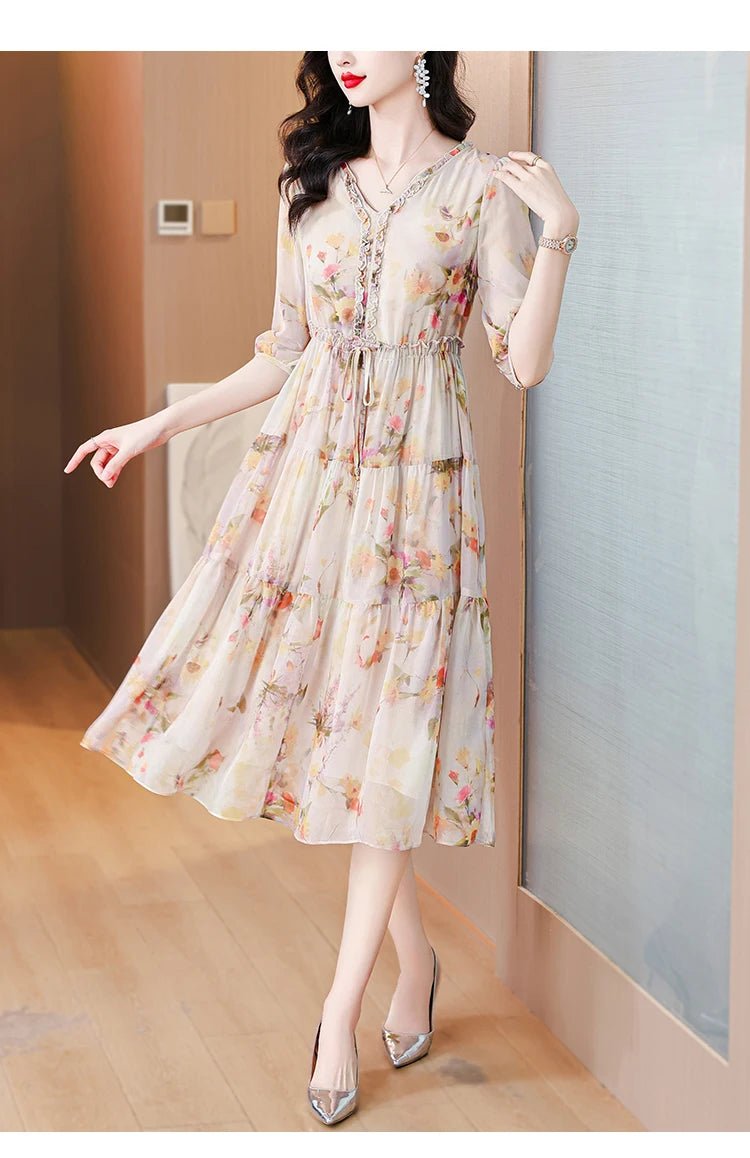 2024 Summer New Luxury Silk Floral Print Casual Midi Dress Women's Vintage Elegant Chic Dress Holiday Boho Beach Evening Dresses - PratSN