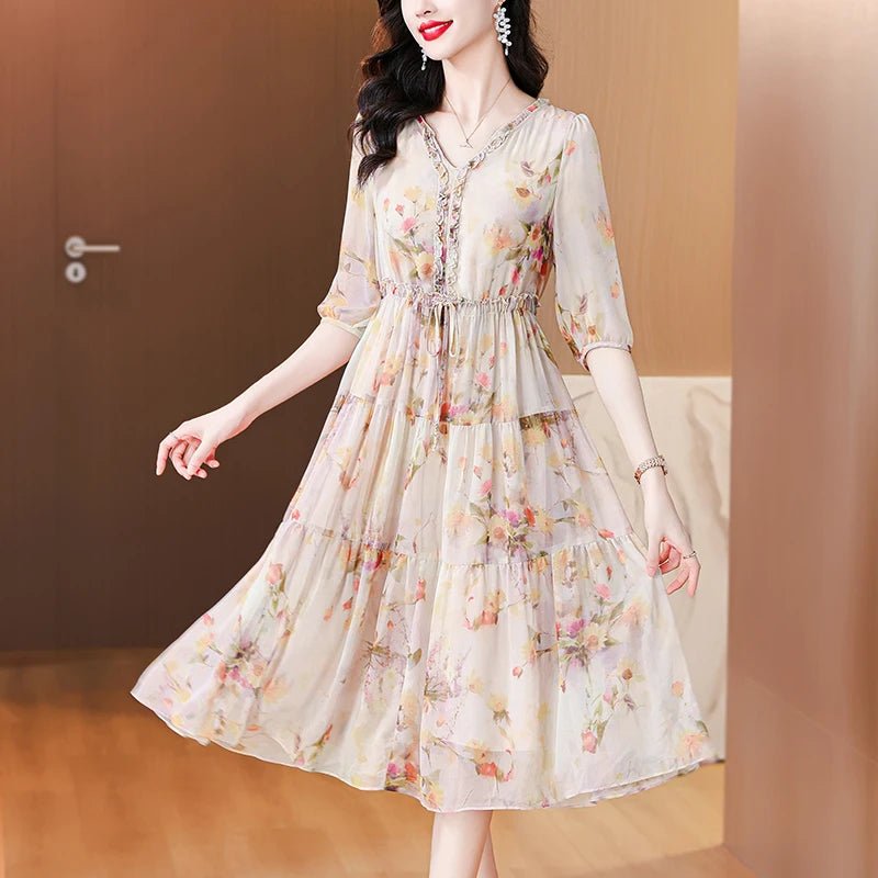2024 Summer New Luxury Silk Floral Print Casual Midi Dress Women's Vintage Elegant Chic Dress Holiday Boho Beach Evening Dresses - PratSN