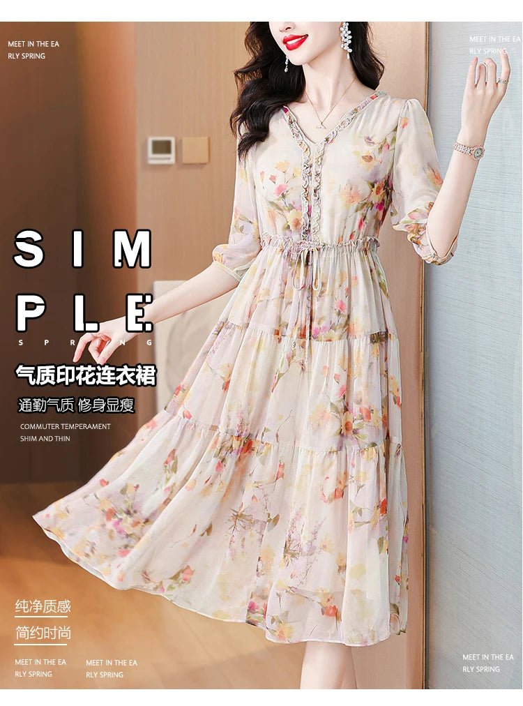 2024 Summer New Luxury Silk Floral Print Casual Midi Dress Women's Vintage Elegant Chic Dress Holiday Boho Beach Evening Dresses - PratSN