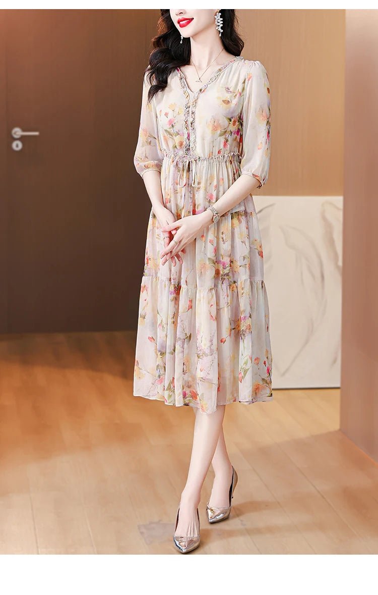 2024 Summer New Luxury Silk Floral Print Casual Midi Dress Women's Vintage Elegant Chic Dress Holiday Boho Beach Evening Dresses - PratSN