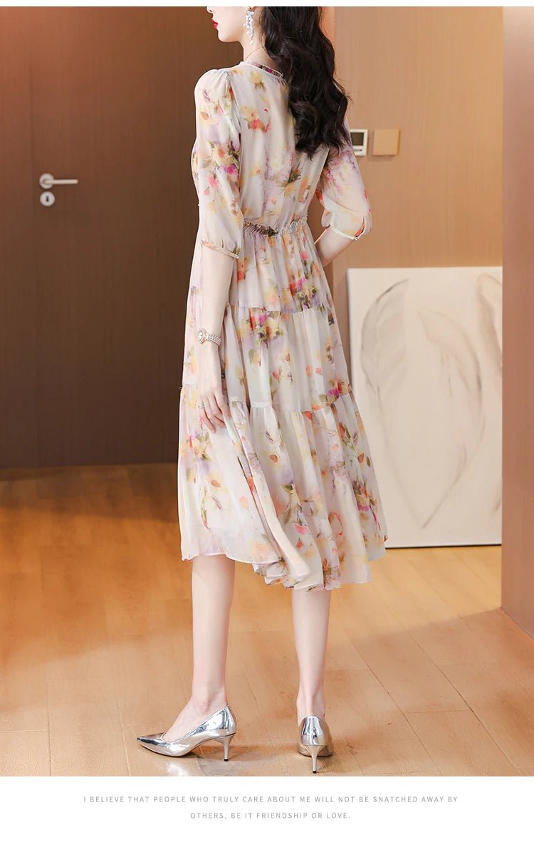 2024 Summer New Luxury Silk Floral Print Casual Midi Dress Women's Vintage Elegant Chic Dress Holiday Boho Beach Evening Dresses - PratSN