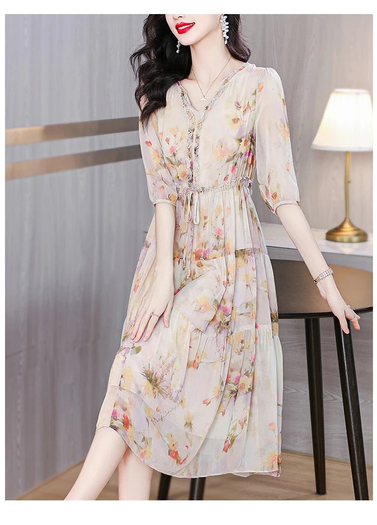 2024 Summer New Luxury Silk Floral Print Casual Midi Dress Women's Vintage Elegant Chic Dress Holiday Boho Beach Evening Dresses - PratSN