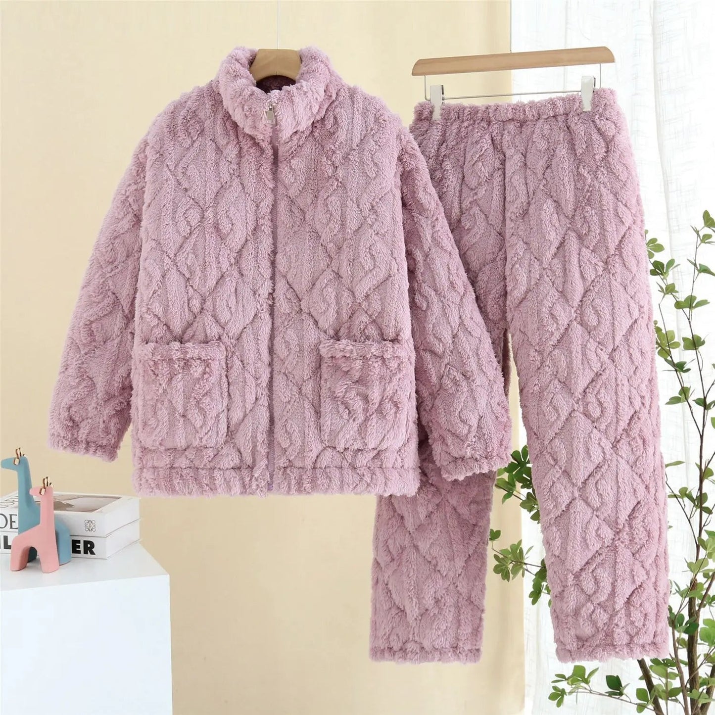 2024 Women Winter Pajamas Sleepwear 2 Piece Set Zipper Tops + Long Pants Fleece Plush Padded Thickened Home Wear Suits Pajamas - PratSN