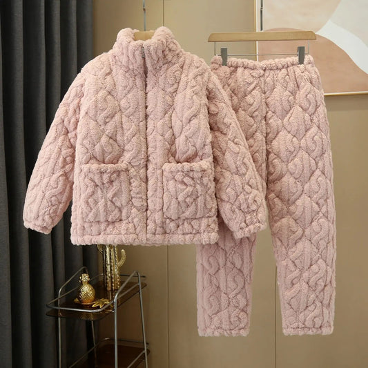 2024 Women Winter Pajamas Sleepwear 2 Piece Set Zipper Tops + Long Pants Fleece Plush Padded Thickened Home Wear Suits Pajamas - PratSN