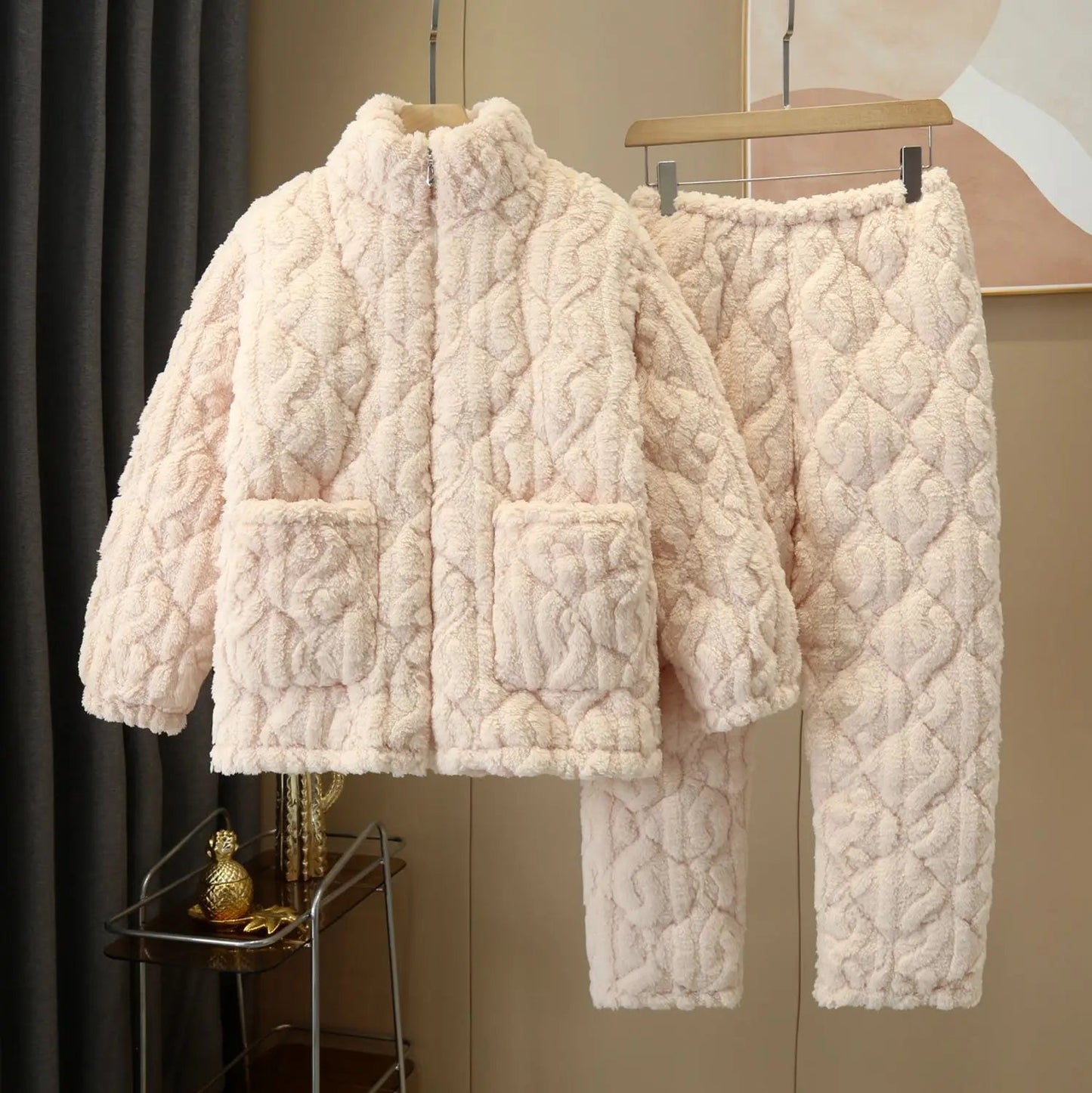 2024 Women Winter Pajamas Sleepwear 2 Piece Set Zipper Tops + Long Pants Fleece Plush Padded Thickened Home Wear Suits Pajamas - PratSN