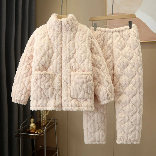 2024 Women Winter Pajamas Sleepwear 2 Piece Set Zipper Tops + Long Pants Fleece Plush Padded Thickened Home Wear Suits Pajamas - PratSN