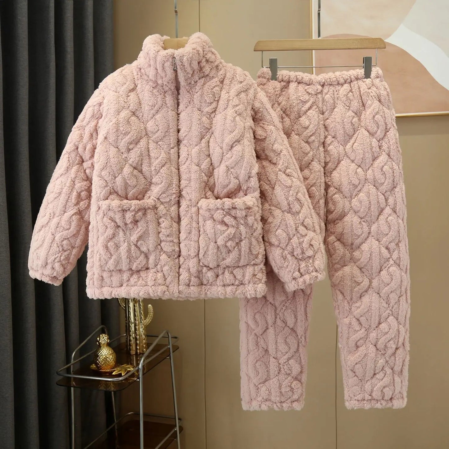 2024 Women Winter Pajamas Sleepwear 2 Piece Set Zipper Tops + Long Pants Fleece Plush Padded Thickened Home Wear Suits Pajamas - PratSN