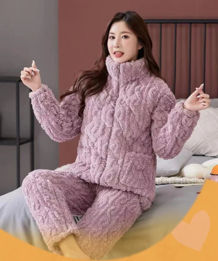 2024 Women Winter Pajamas Sleepwear 2 Piece Set Zipper Tops + Long Pants Fleece Plush Padded Thickened Home Wear Suits Pajamas - PratSN