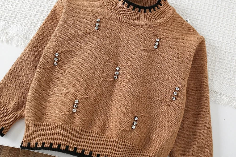 2025 Autumn Children Outfit 2PCS Kids Sweater Set 9M - 5T Fashion Girls Baby Bead Pullover + Short Skirt - PratSN