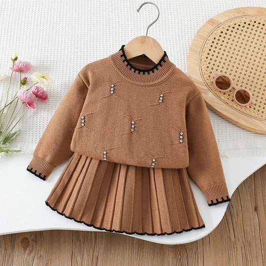 2025 Autumn Children Outfit 2PCS Kids Sweater Set 9M - 5T Fashion Girls Baby Bead Pullover + Short Skirt - PratSN