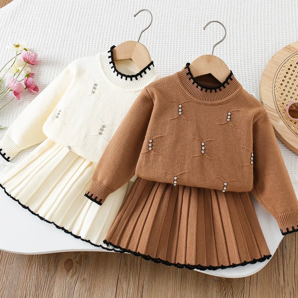 2025 Autumn Children Outfit 2PCS Kids Sweater Set 9M - 5T Fashion Girls Baby Bead Pullover + Short Skirt - PratSN