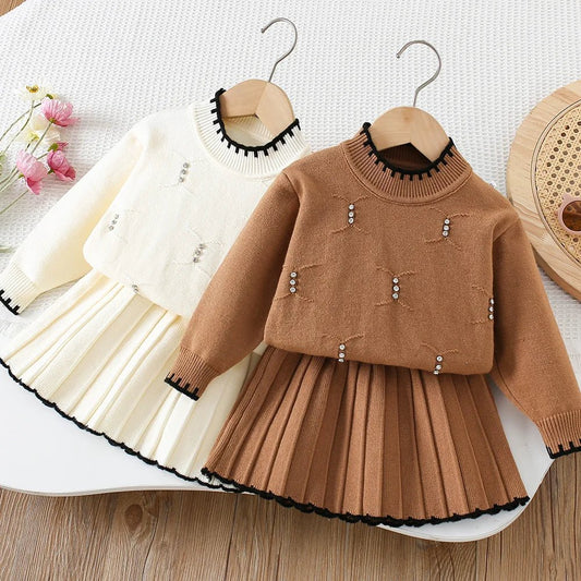 2025 Autumn Children Outfit 2PCS Kids Sweater Set 9M - 5T Fashion Girls Baby Bead Pullover + Short Skirt - PratSN