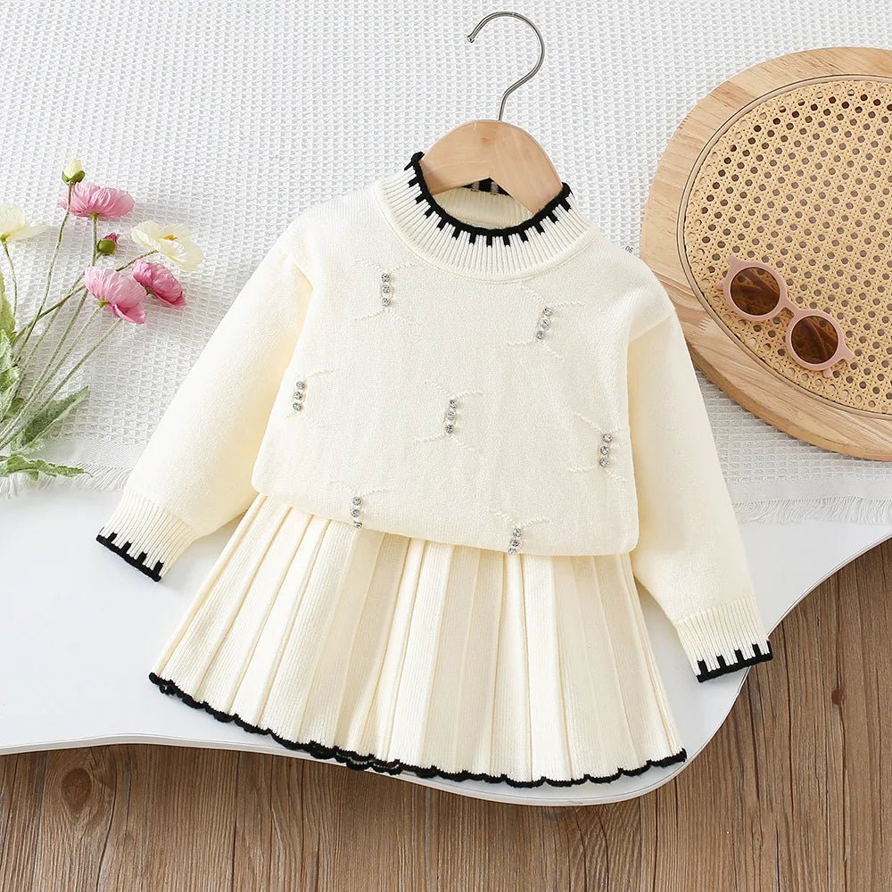 2025 Autumn Children Outfit 2PCS Kids Sweater Set 9M - 5T Fashion Girls Baby Bead Pullover + Short Skirt - PratSN